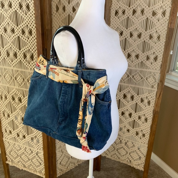 Vintage Handmade Womens Denim Purse Handbag Bow Lined Route 66 18x11” - Picture 3 of 13